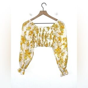 FAITHFULL THE BRAND Carmody Floral Linen Yellow and White Crop Size Small